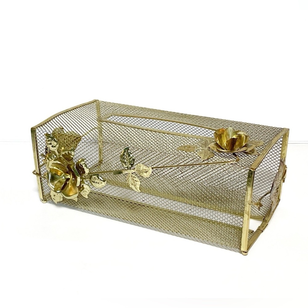 Vintage MCM Gold Tone Wire Mesh Floral Tissue Holder